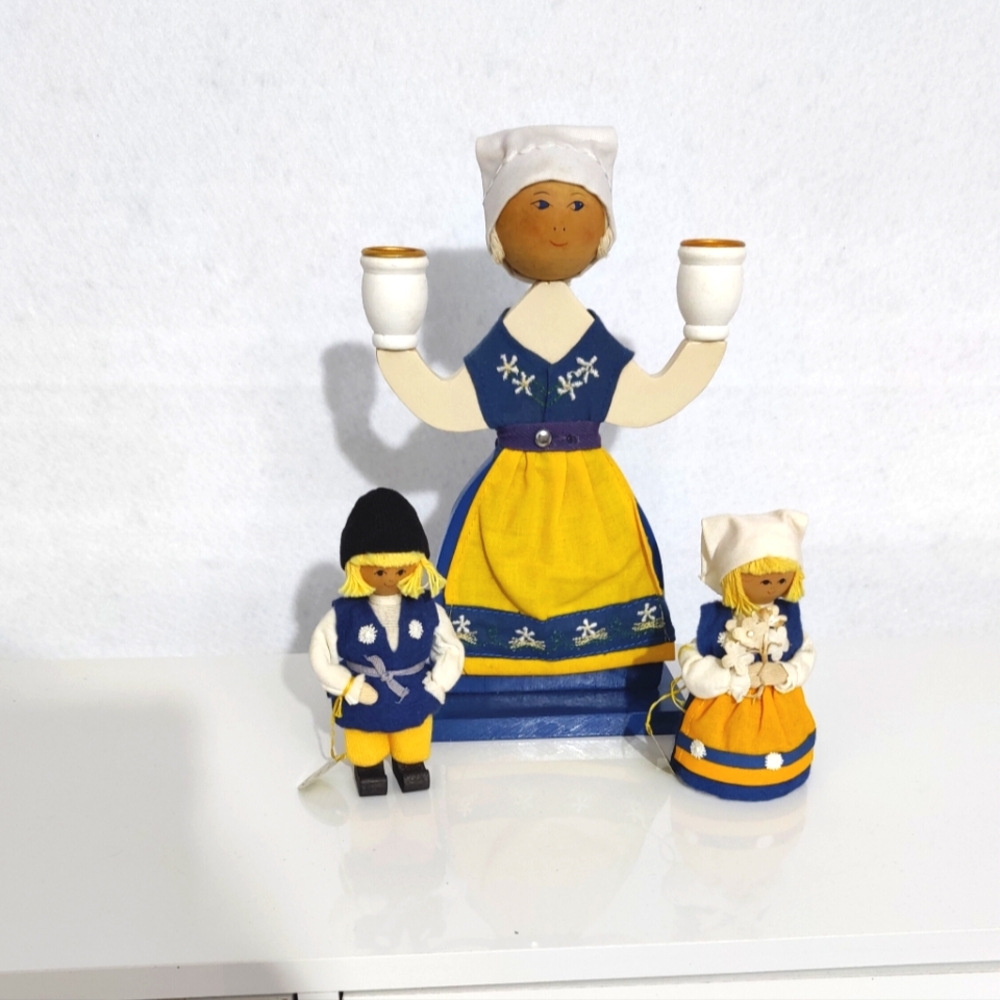 Swedish Handmade Wooden Candlestick Dolls Souvenir Set Of 3